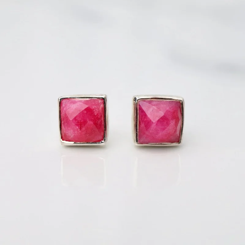 delicate pearl drop earrings for women-Madeline Stud Earrings - Silver Square - Ruby Quartz