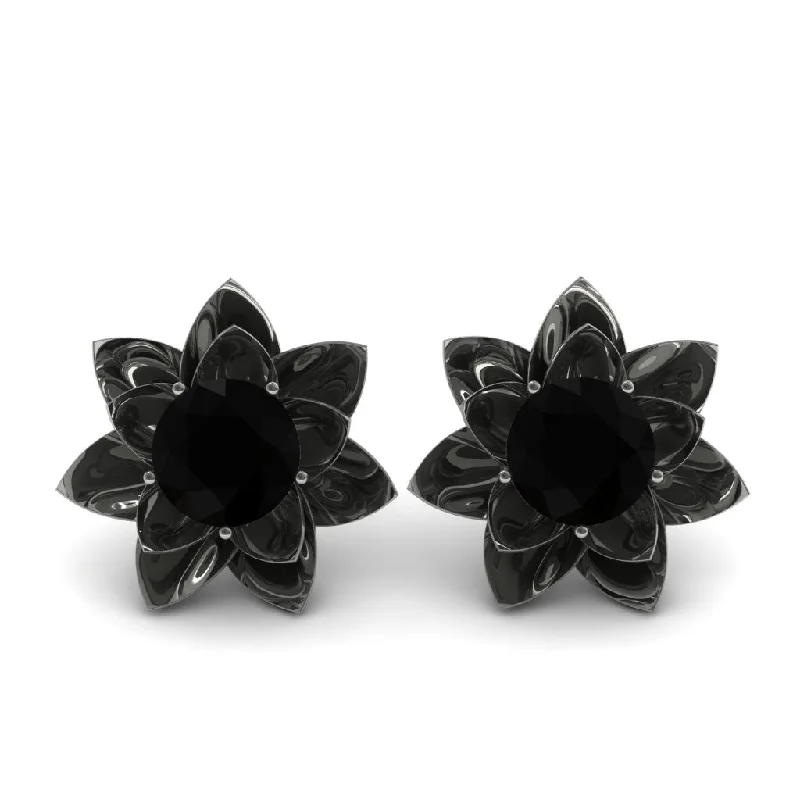 affordable earrings for women-Lotus Flower Black Diamond Earrings - Lotus no. 6