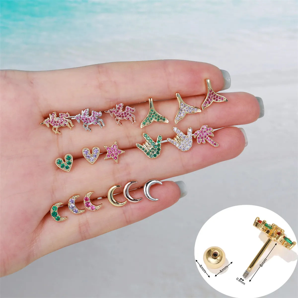 promise rings with diamonds for women-Moon Green Zircon Screw Ball Piercing Ear Bone Earring