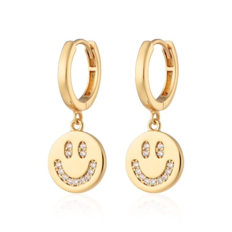 large dangling earrings for women-Smiley Face Charm Hoop Earrings