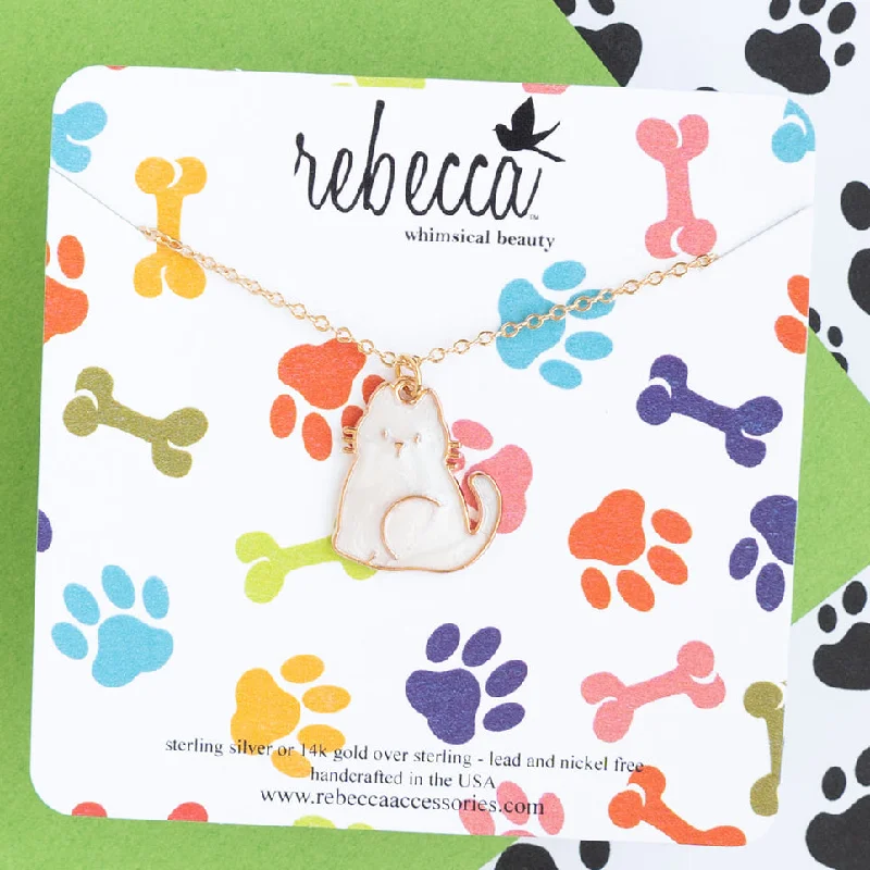 gold-plated necklaces for women-Sitting White Cat Enamel Charm Necklace Children's