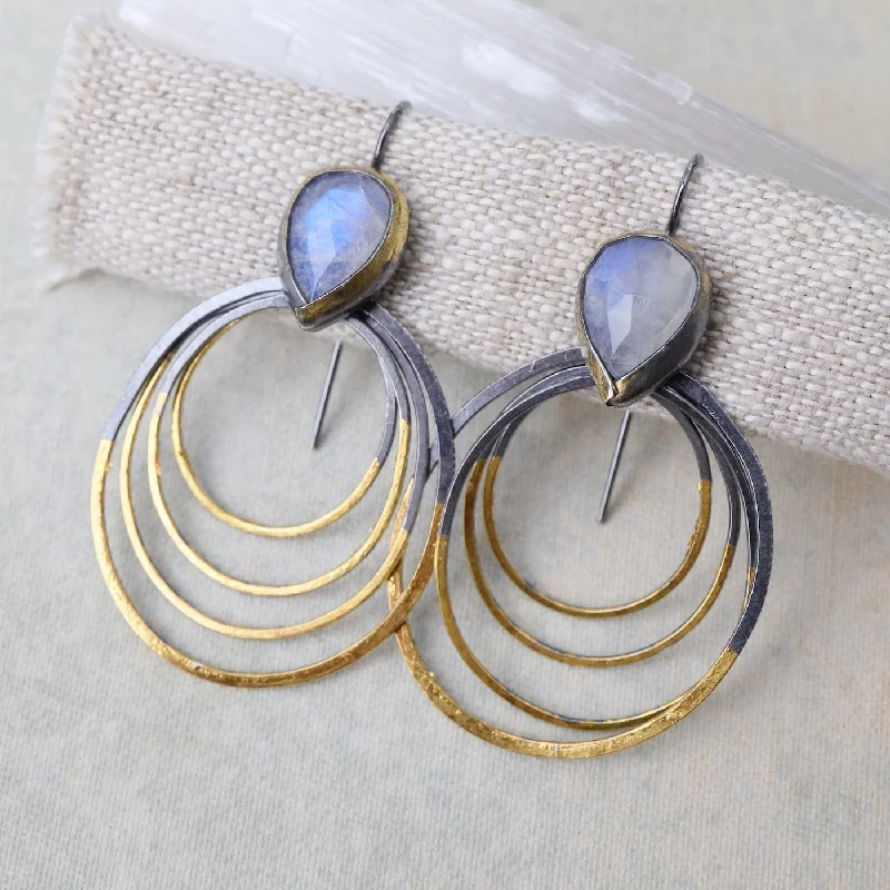 bold earrings for women-Rainbow Moonstone Medium Ripple Rim Earrings