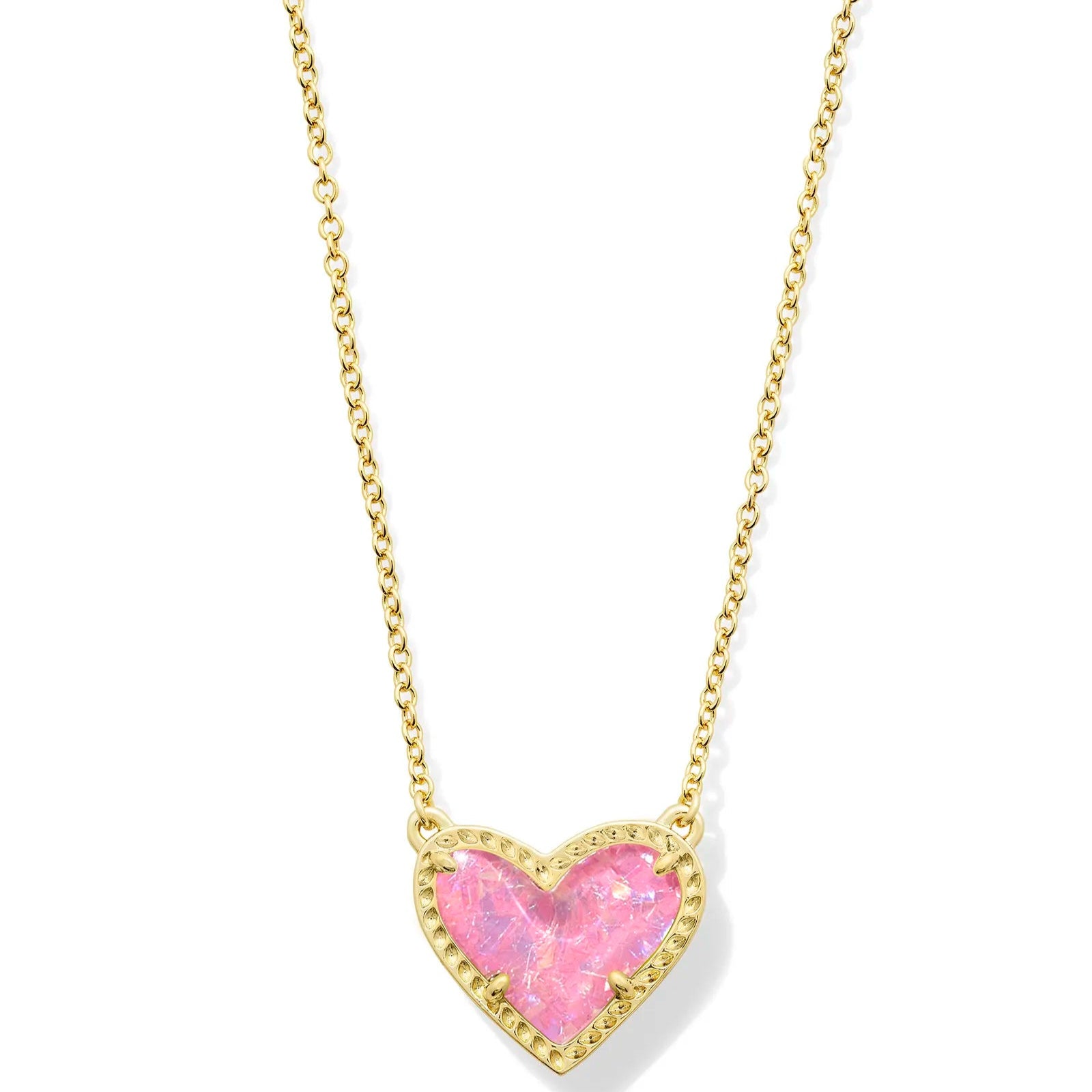 braided silver necklaces for women-Kendra Scott | Ari Heart Gold Pendant Necklace in Pink Iridescent Glitter Glass