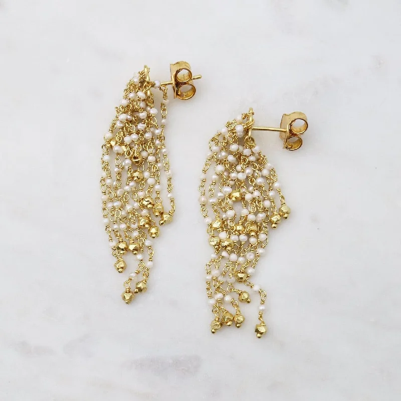 casual stud earrings for women-Pearl Waterfall with Gold Beads Earrings