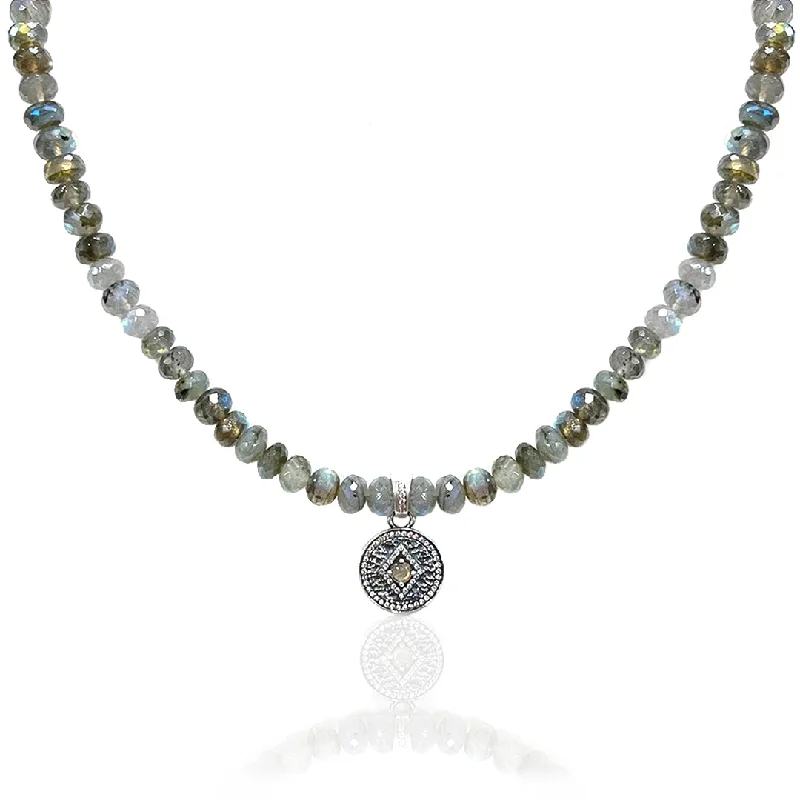 vintage coin necklaces for women-VINTAGE SILVER LABRADORITE RONDELLE DISC NECKLACE