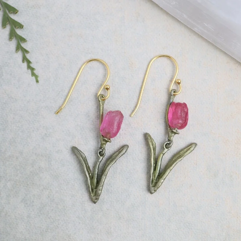 dainty gold hoop earrings for women-Tulip Wire Earrings - Pink