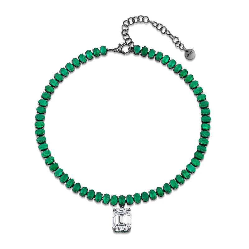 heart-shaped necklaces for women-READY TO SHIP MEGA DRIP EMERALD TENNIS NECKLACE WITH GIA DIAMOND DROP