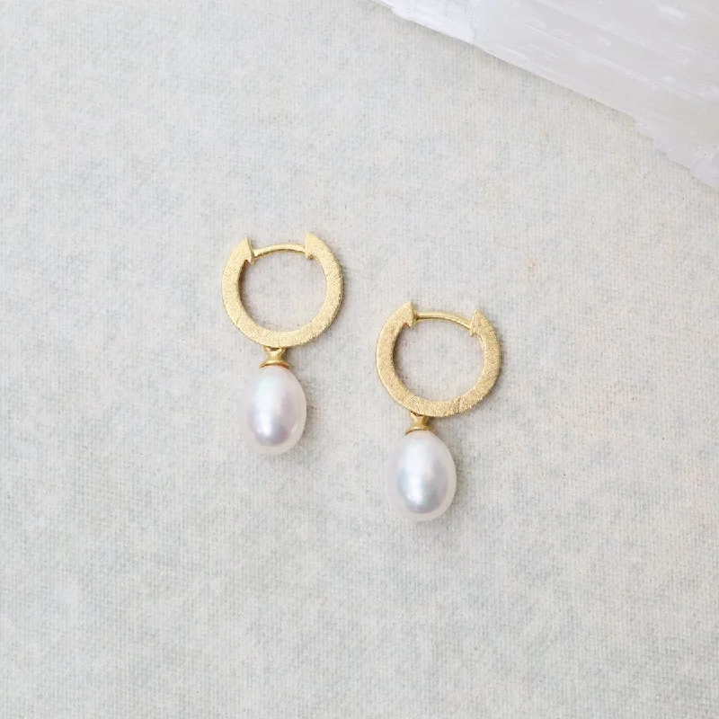 trendy silver earrings for women-White Pearl Huggie Earrings