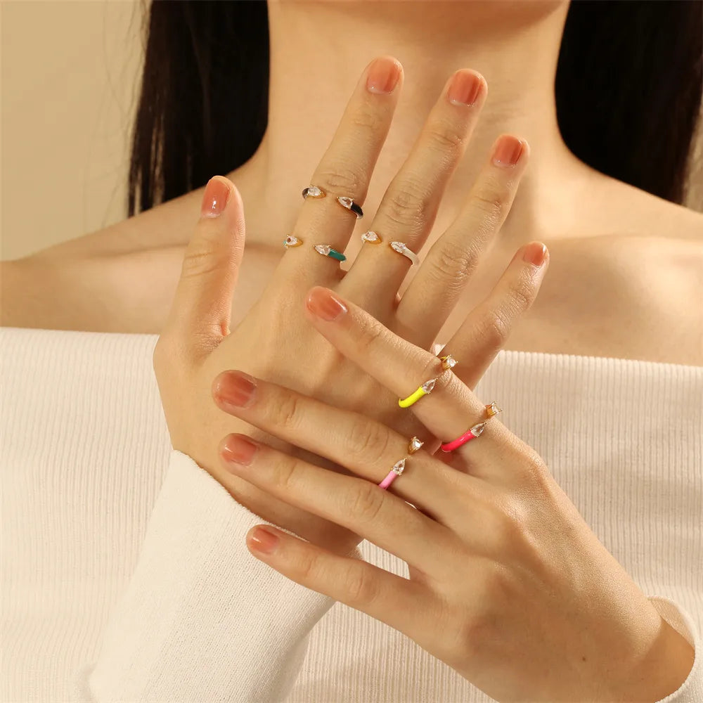 cocktail rings for women-Wholesale IG Style Vacation Beach Water Droplets Copper Enamel Inlay 18K Gold Plated Zircon Open Rings