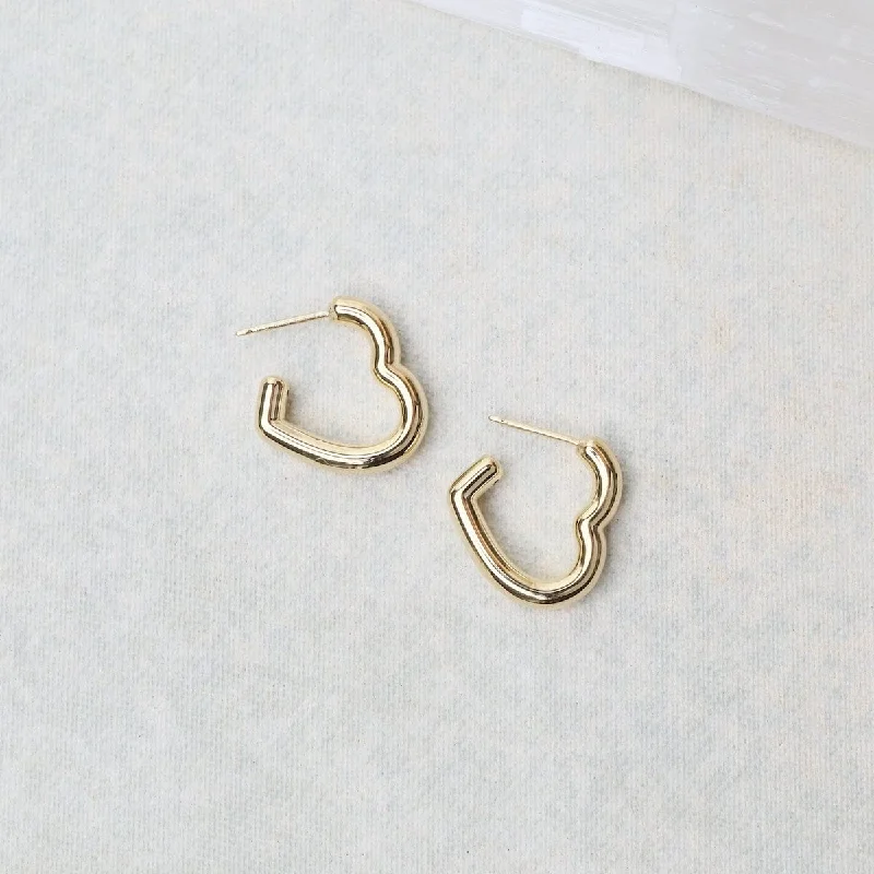 silver statement earrings for women-14K Small Open Heart Hoop Earrings