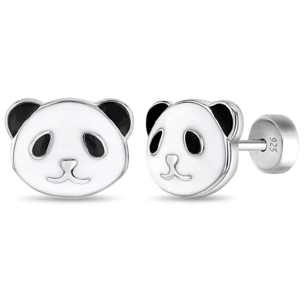 sterling silver earrings for women-Panda Enamel Kid Earrings - Screw Back