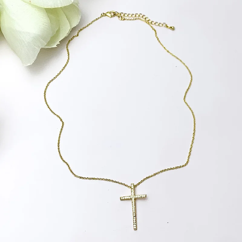 multi-layer chain necklaces for women-Gold Tone Necklace With Clear Crystal Cross Charm