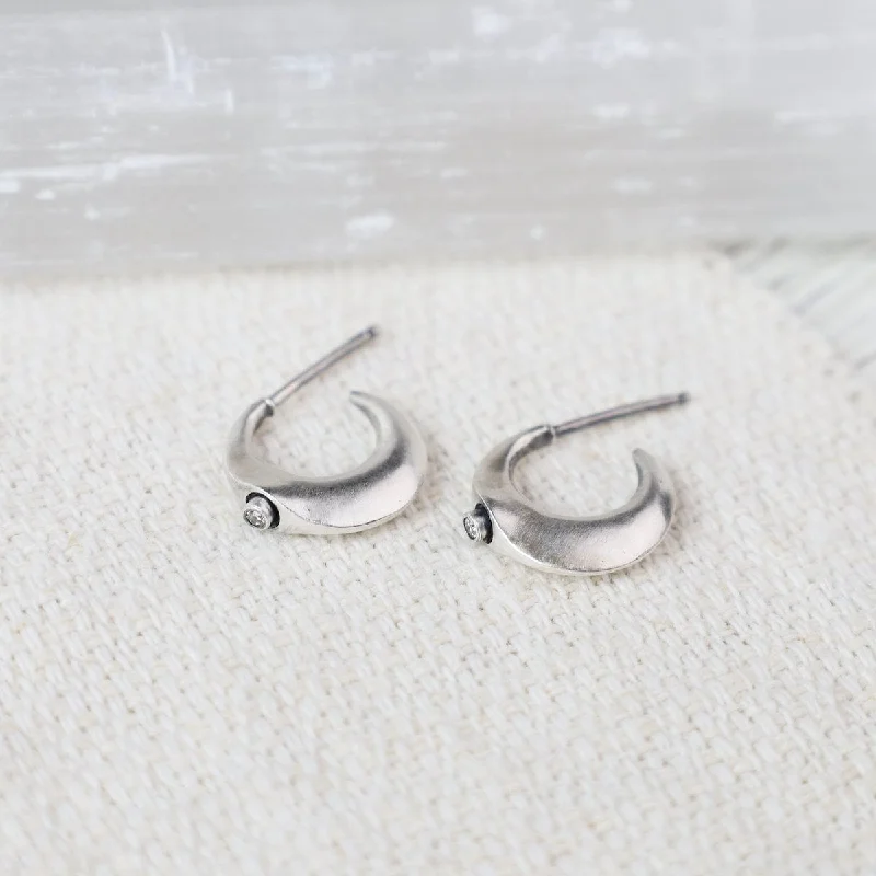 large stud earrings for women-Oxidized Sterling Silver Diamond Crescent Huggie Earrings