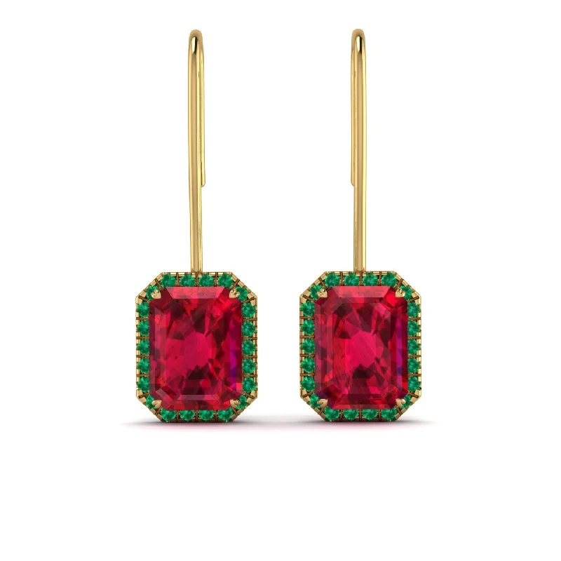 flower stud earrings for women-Halo Emerald Cut Ruby Earrings - Izabella No. 25