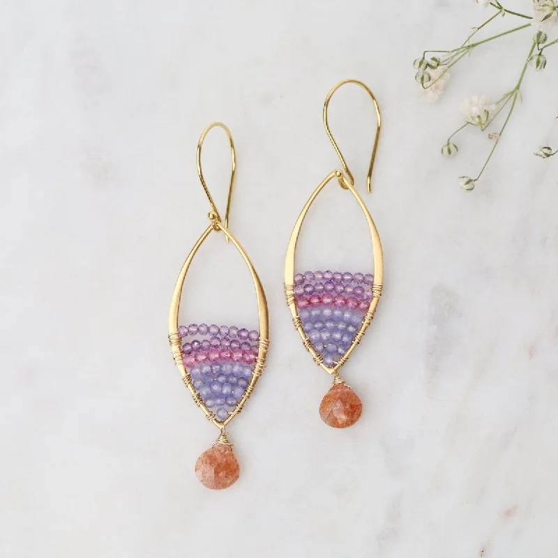 stylish gemstone earrings for women-Sunstone & Amethyst Golden Marquise Earrings