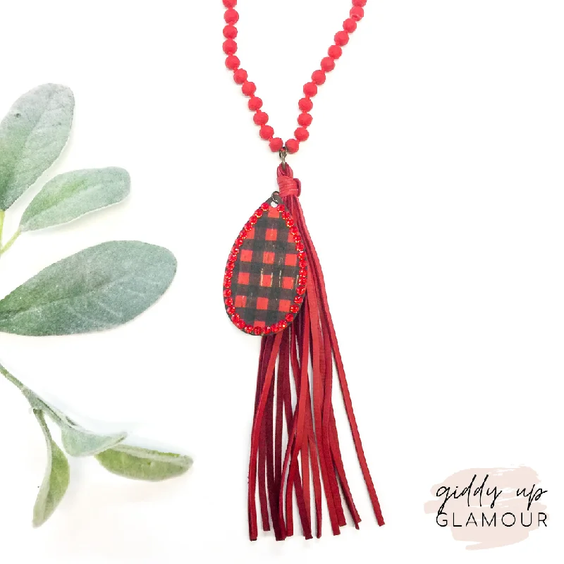 hand-crafted necklaces for women-Pink Panache Long Black Crystal Tassel Necklace with Buffalo Plaid Teardrop and Red Crystals