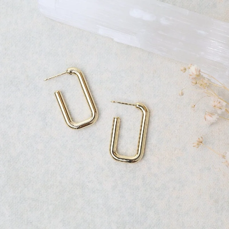 sparkling gold earrings for women-14K Small Rounded Rectangle J Hoop Earrings