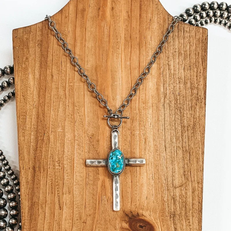 elegant choker necklaces for women-BS | Navajo Handmade Sterling Silver Chain Necklace and Cross Pendant with Turquoise Stone and Toggle Clasp