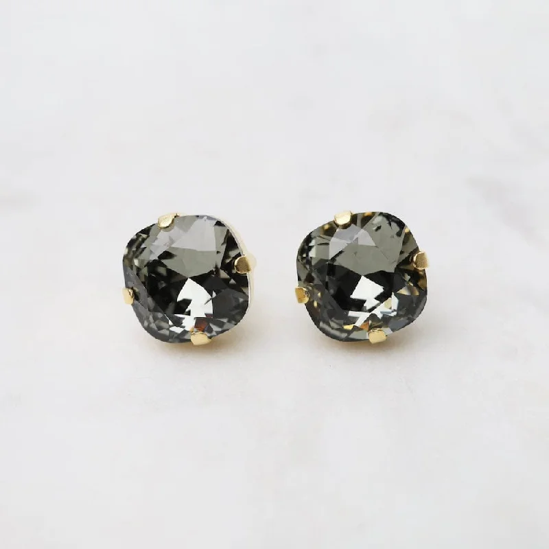 fashionable earrings for women-Large Black Diamond Post Earrings- Gold Plate