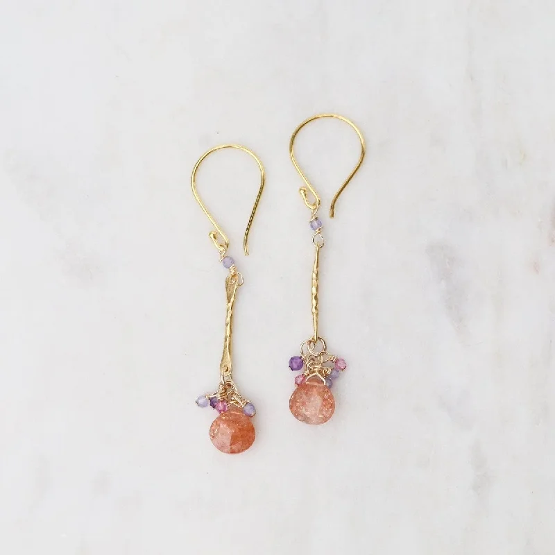 large drop earrings for women-Sunstone & Mystic Topaz Gold Hammered Bar Earrings