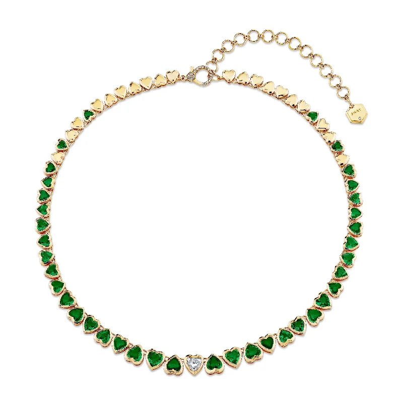 intricate pendant designs for women-READY TO SHIP EMERALD & DIAMOND HEART BEZEL TENNIS NECKLACE