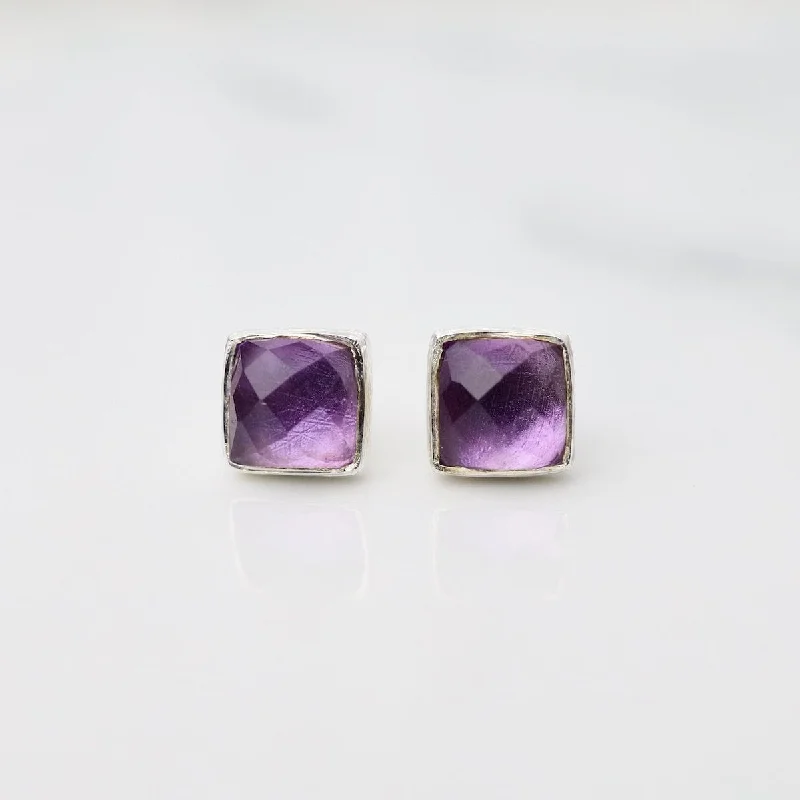 affordable stud earrings for women-Madeline Stud Earrings - Silver Square - Amethyst