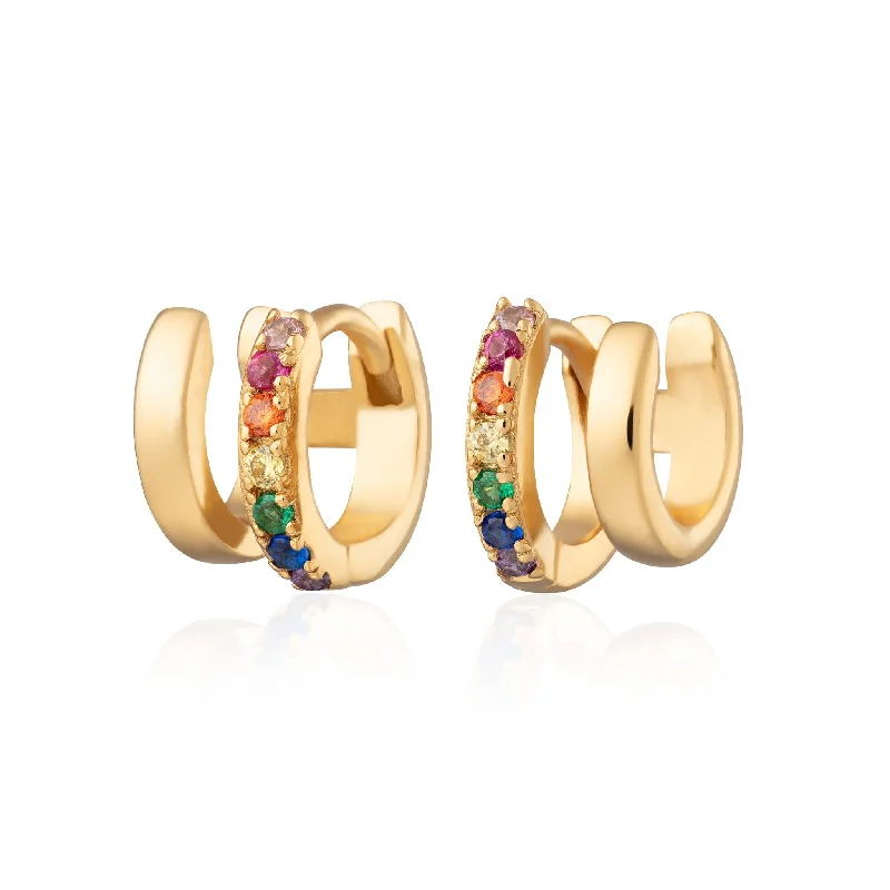 chic diamond stud earrings for women-Mismatched Double Huggie Earrings with Rainbow Stones