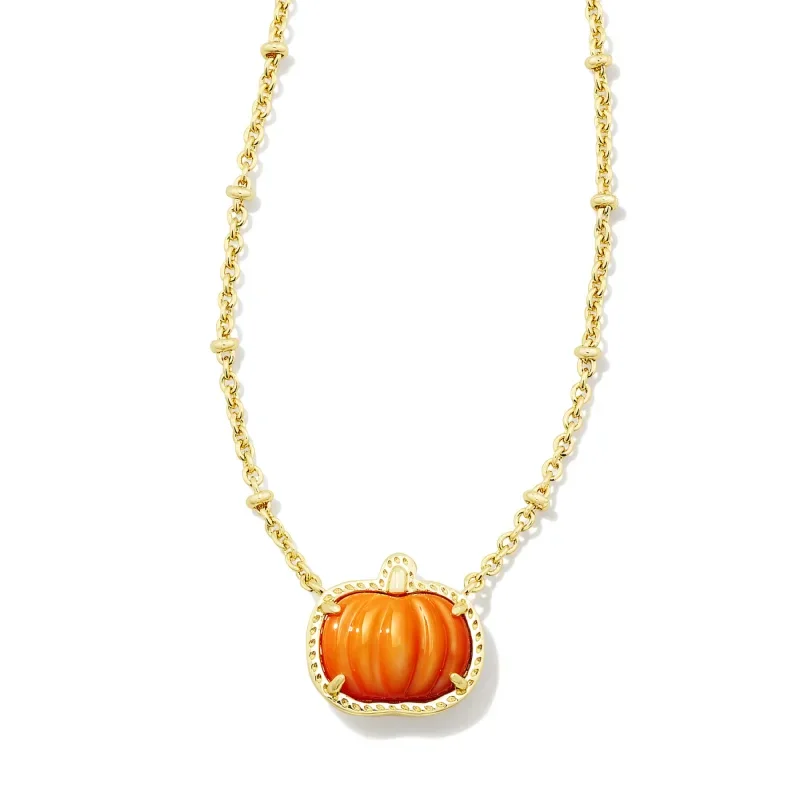 solid gold necklaces for women-Kendra Scott | Pumpkin Gold Short Pendant Necklace in Orange Mother-Of-Pearl