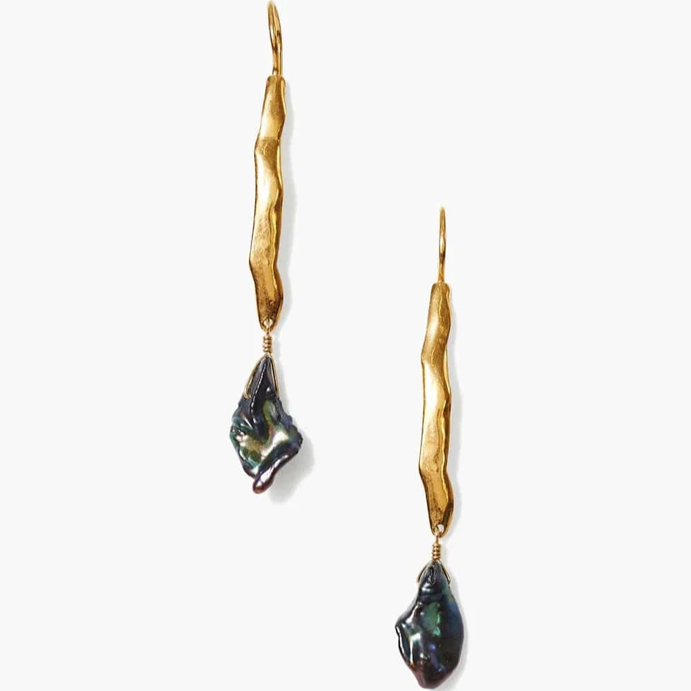 unique chandelier earrings for women-Gold Wave Pearl Drop Earrings in Peacock