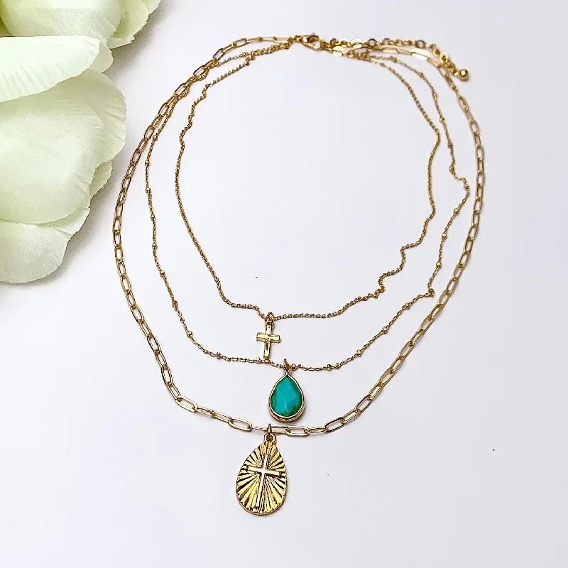 chunky necklaces for women-Three layered Gold Tone Necklace With Multiple Designed Charms