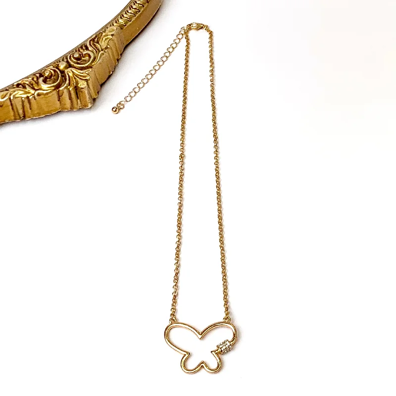 unique chain necklaces for women-Butterfly Outline Necklace with Crystal Accent in Gold Tone