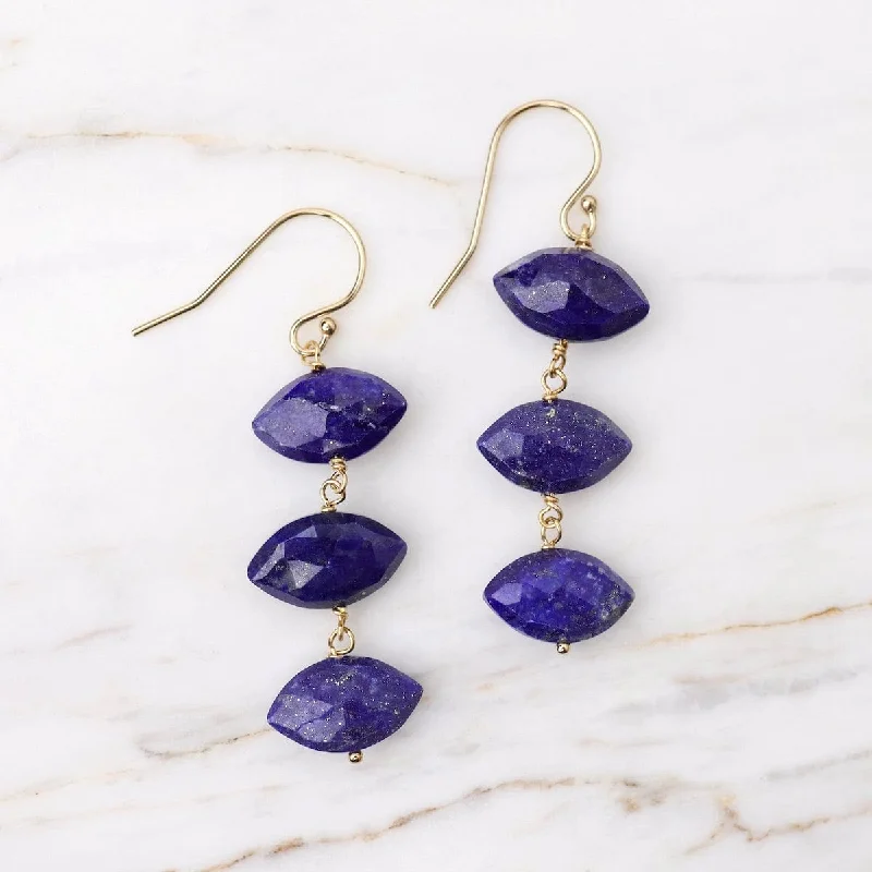 small hoop earrings for women-Triple Drop Elongated Faceted Lapis Stone Earrings