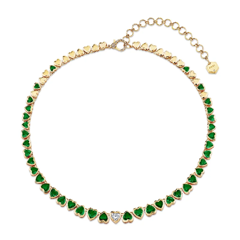 radiant sapphire necklaces for women-EMERALD & DIAMOND HEART BEZEL TENNIS NECKLACE