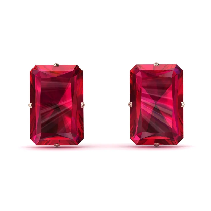 chic drop earrings for women-Hidden Halo Emerald Cut Ruby Earrings  - Vanessa No. 41