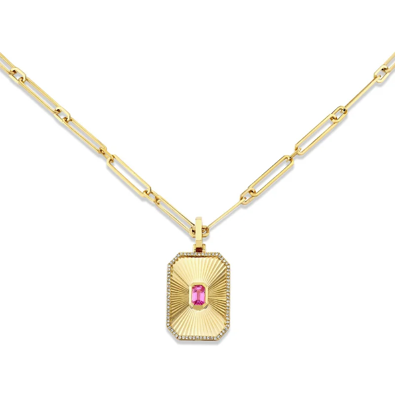 precious metal necklaces for women-READY TO SHIP PINK SAPPHIRE RADIANT DECO PENDANT NECKLACE