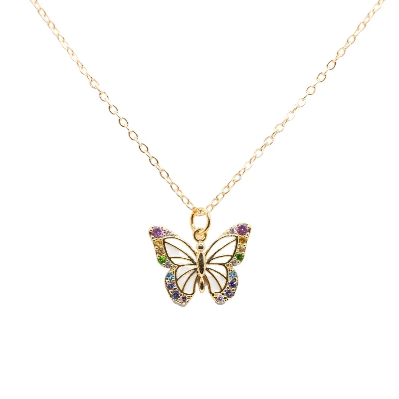 diamond pendant necklaces for women-Butterfly Insect Rainbow CZ Enamel Charm Necklace