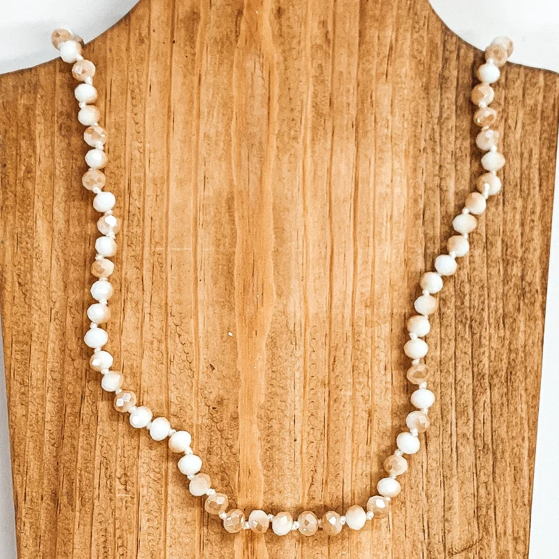 oversized necklaces for women-36 Inch 8mm Crystal Strand Necklace in White and Tan Mix