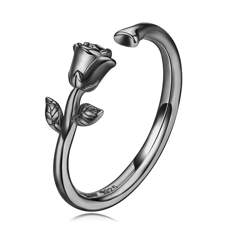 rose flower-Silver ring-Black Gold