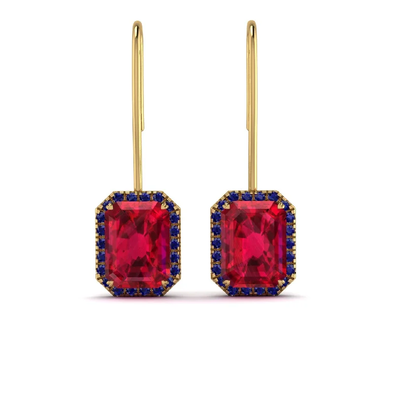 large gemstone drop earrings for women-Halo Emerald Cut Ruby Earrings - Izabella No. 70