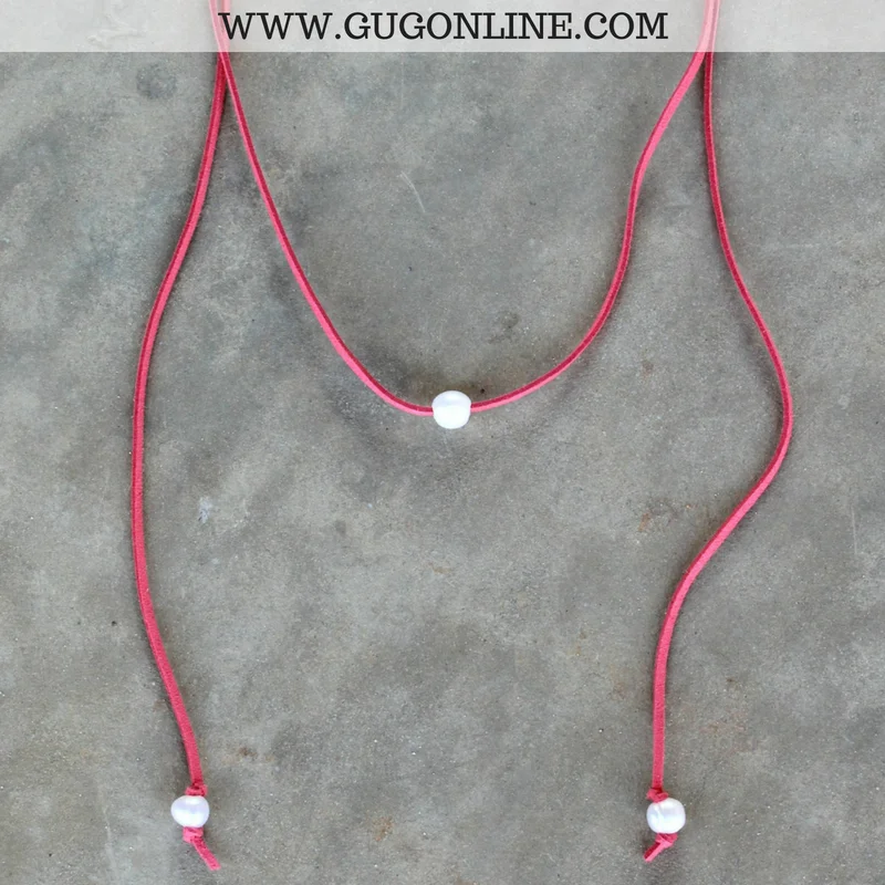 artistic necklaces for women-That's a Wrap Long Leather Necklace with Pearls in Coral| ONLY 1 LEFT!