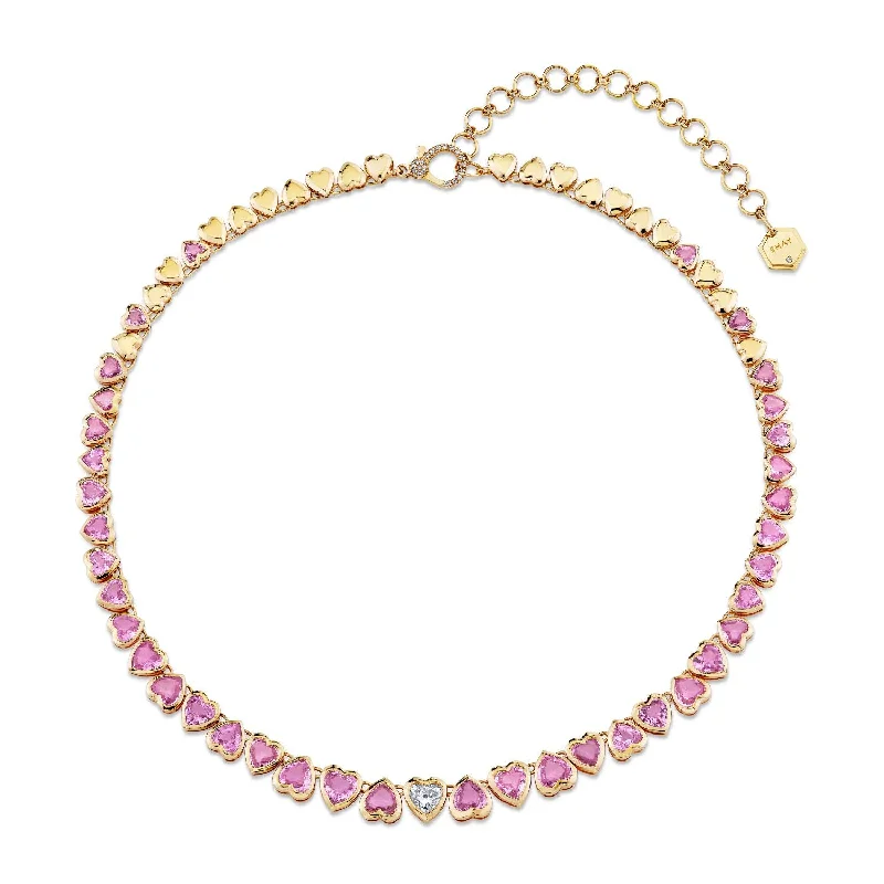 trendy fashion necklaces for women-PINK SAPPHIRE & DIAMOND HEART BEZEL TENNIS NECKLACE