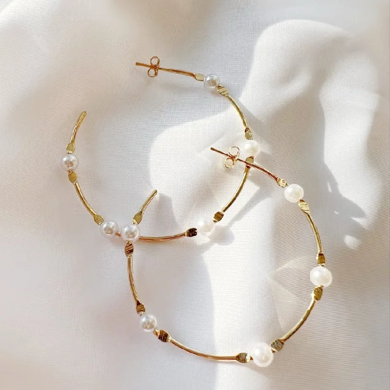 stylish stud earrings for women-Gold Fill Saltwater Pearl Statement Hoops Earrings