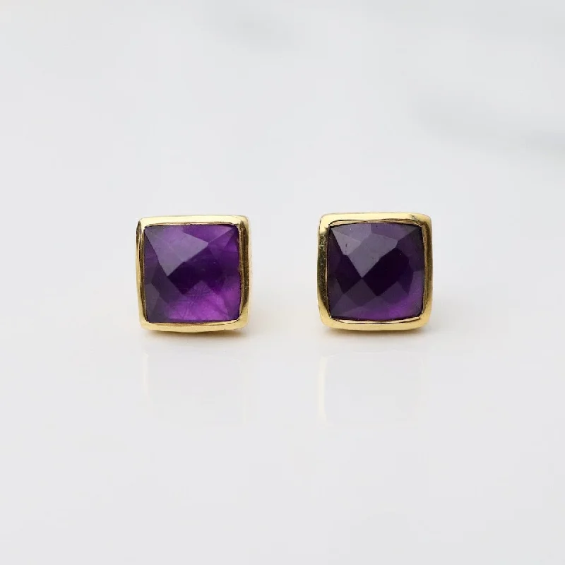 shimmering earrings for women-Madeline Stud Earrings - Vermeil Square - Amethyst