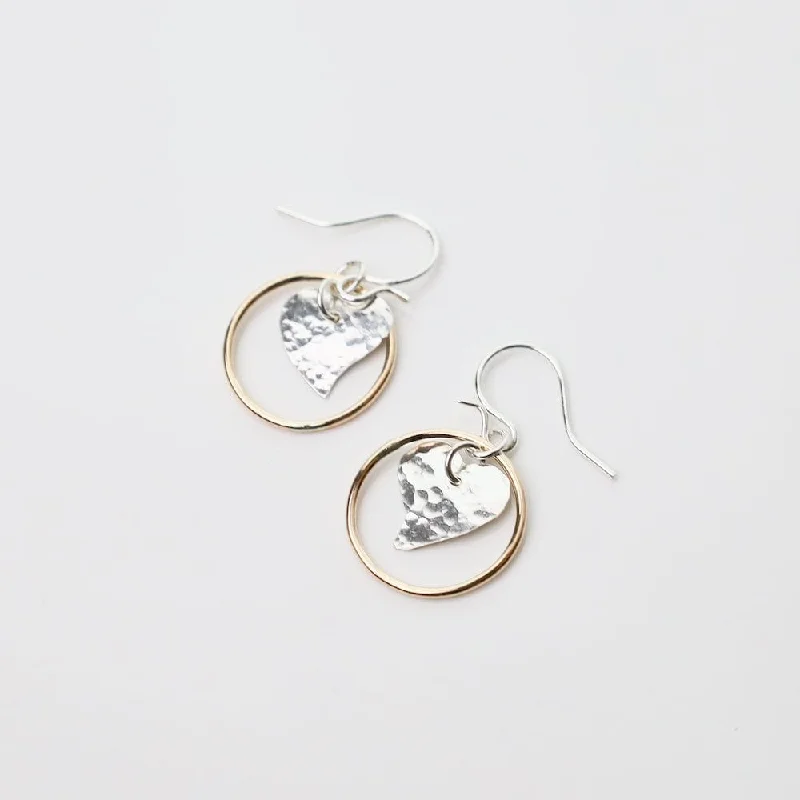 classy diamond earrings for women-Sterling Silver Hammered Heart in Gold Filled Circle Earrings