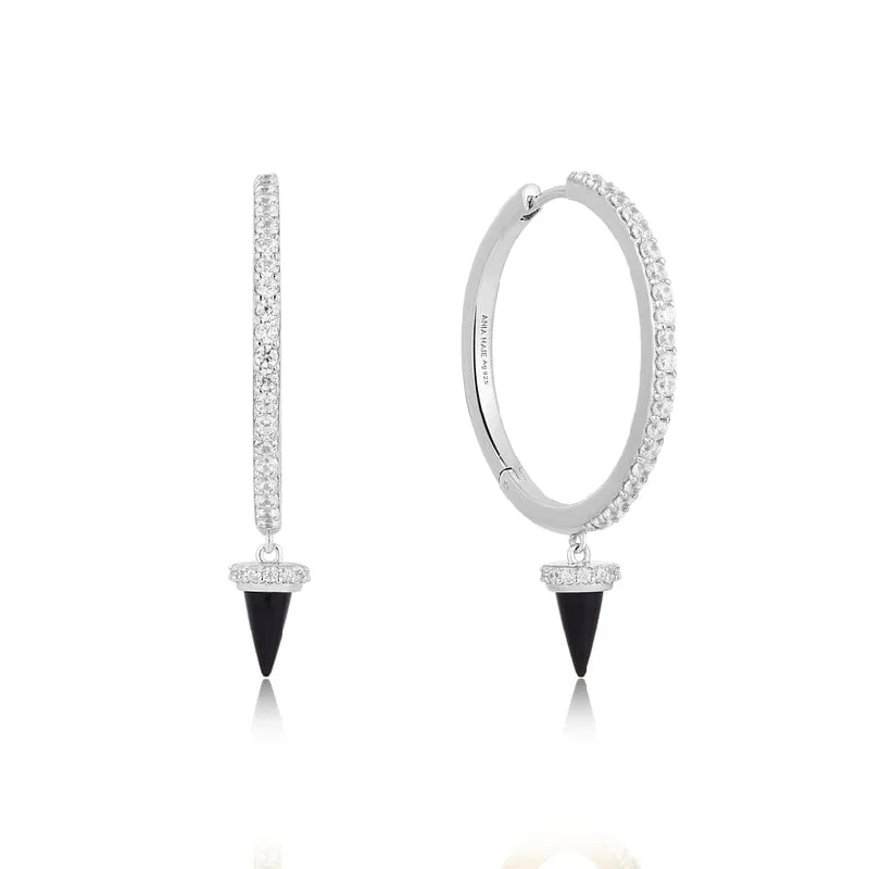 dazzling drop earrings for women-Silver Black Agate Drop Hoop Earrings