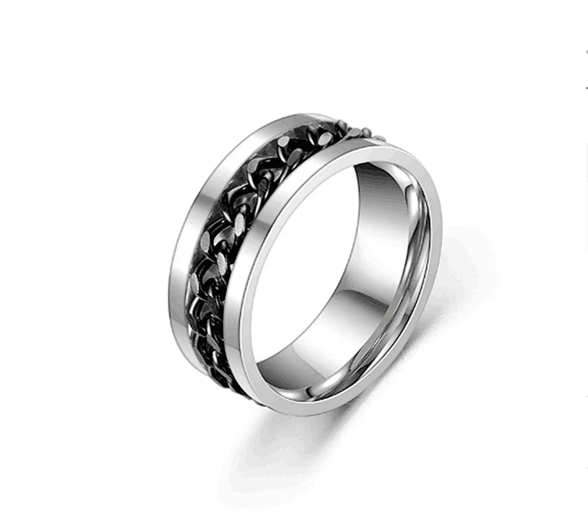 8mm Width-Silver Ring Black Chain