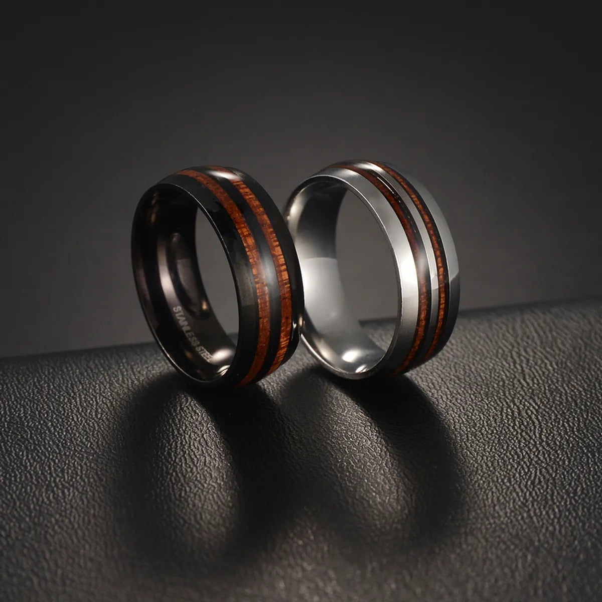 silver rings for women with birthstones-Simple Style Round Stripe 304 Stainless Steel Epoxy Solid Wood Black Plated Men'S Rings