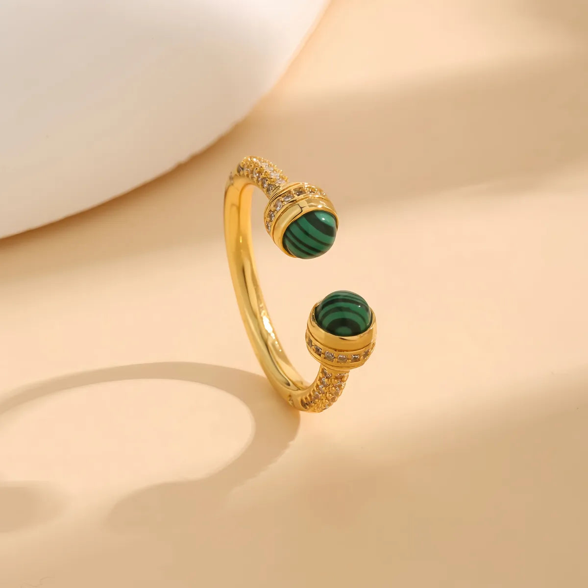 trendy gold rings for women-Copper 18K Gold Plated Inlay Geometric Malachite Zircon Open Rings