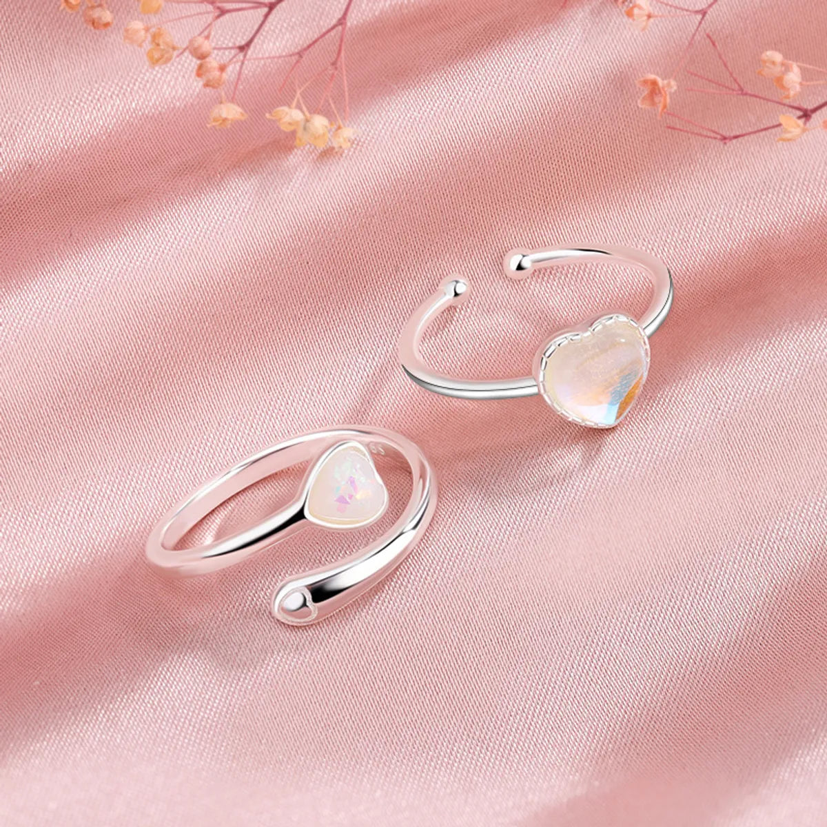 unique gold rings for women-Lady Sweet Heart Shape Sterling Silver Plating Inlay Moonstone Open Rings