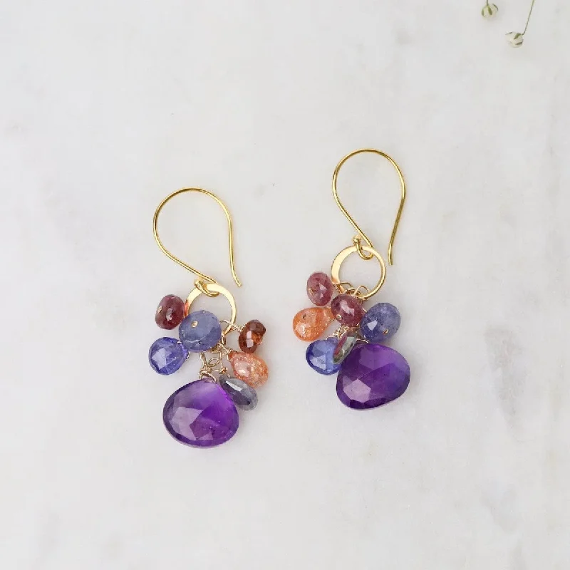 trendy chandelier earrings for women-Gold Hammered Circle Link  Amethyst & Sunstone Earrings